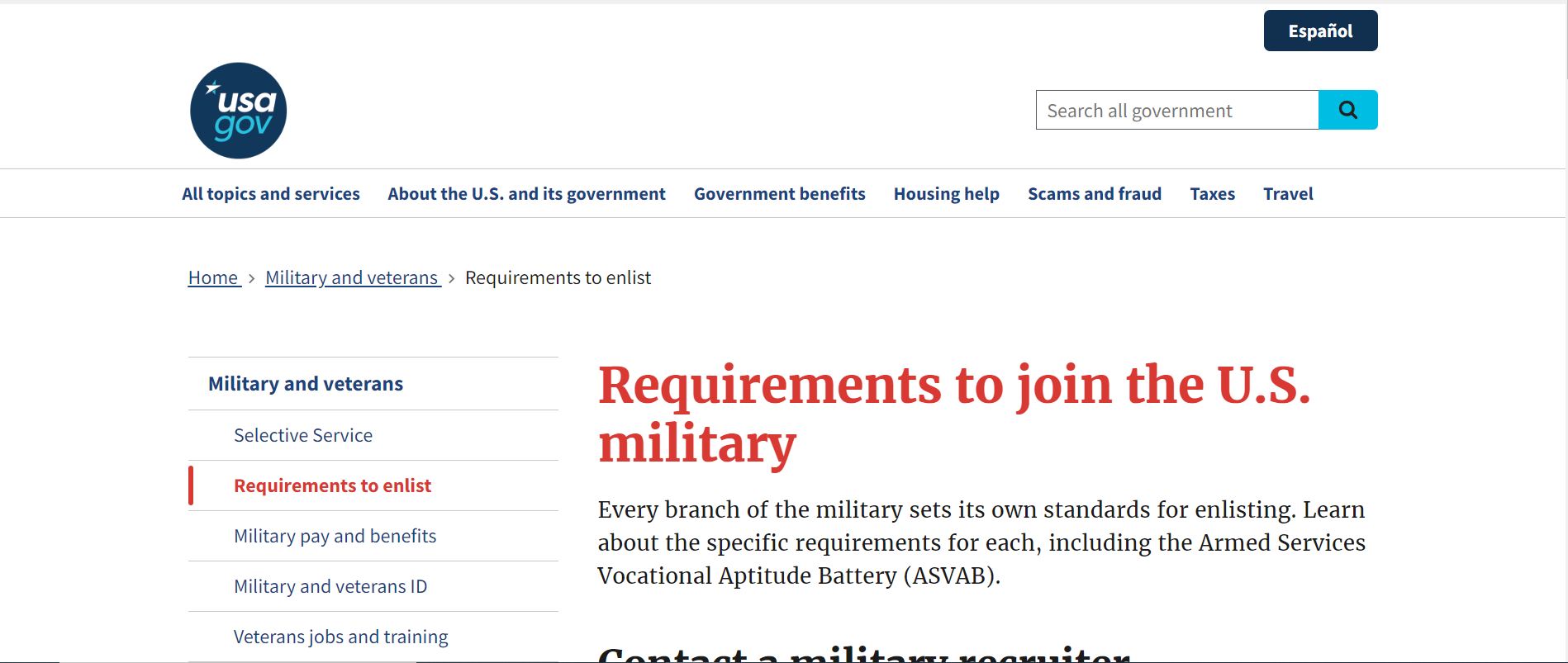 United States Government military requirements page