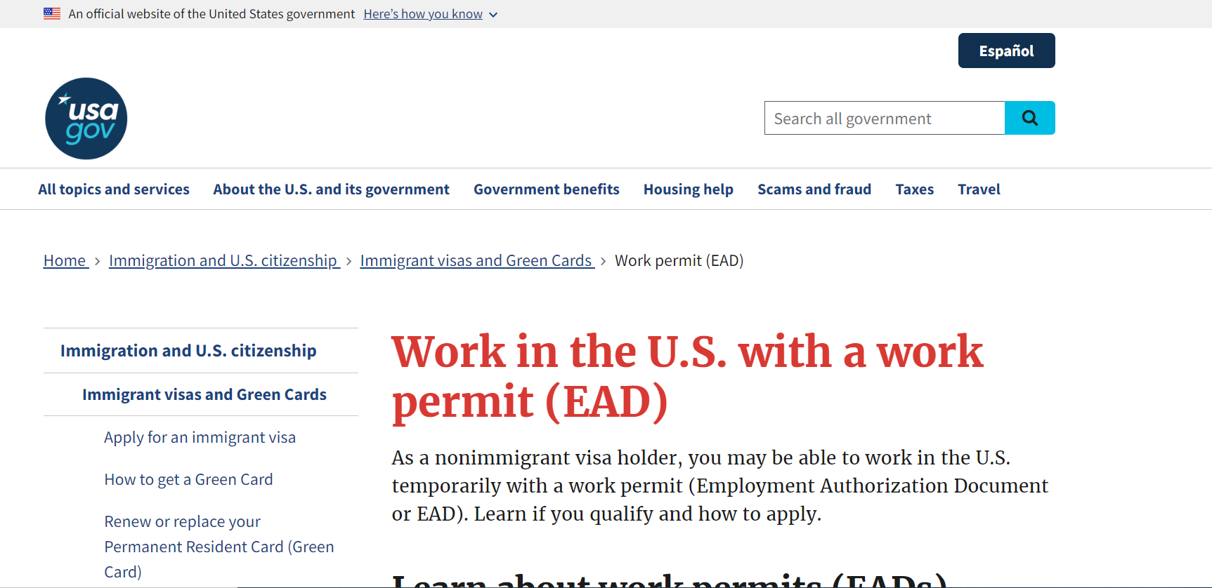 United States Work Permit page